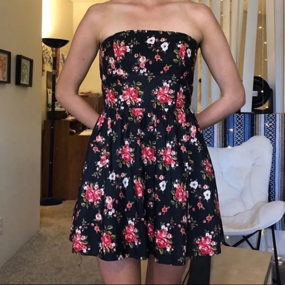🌻Strapless Floral Cocktail Sundress Black Pink